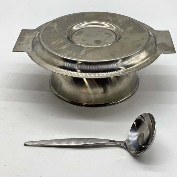 Vtg Mid Century Danish Mod Sauce/Gravy Boat Stainless Steel Attchd Saucer Ladle - Picture 5 of 12
